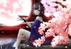 Rule 34 | 1girl, absurdres, blunt bangs, blush, bob cut, cero-z, cup, fate/grand order, fate (series), flower, full moon, highres, horns, japanese clothes, kimono, looking at viewer, moon, oni, open mouth, pale skin, petals, pointy ears, purple eyes, purple hair, red moon, sakazuki, short hair, shuten douji (fate), shuten douji (first ascension) (fate), signature, sitting, skin-covered horns, smile, solo, water