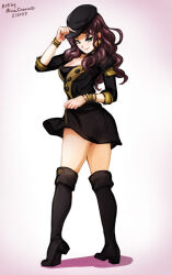 Rule 34 | 1girl, artist name, black footwear, black hat, boots, breasts, brown hair, cabbie hat, cleavage, closed mouth, commentary, dated, dorothea arnault, english commentary, fire emblem, fire emblem: three houses, full body, garreg mach monastery uniform, green eyes, hat, jewelry, lips, long hair, looking at viewer, medium breasts, mina cream, nintendo, pink lips, shadow, smile, solo, uniform, wavy hair, white background