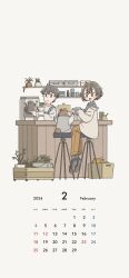 Rule 34 | 1boy, 1girl, bear, black hair, blush, brown hair, brown pants, calendar (medium), closed mouth, east sha2, highres, long sleeves, looking at another, open mouth, original, pants, plant, potted plant, short hair, sitting, smile, stool