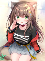 Rule 34 | 1girl, :d, animal ear fluff, animal ears, bad id, bad pixiv id, blurry, blurry background, blush, braid, breasts, brown hair, cat ears, cat girl, cat tail, choker, collarbone, commentary request, crescent, crescent hair ornament, depth of field, fang, green eyes, grey skirt, hair between eyes, hair ornament, hairclip, hand up, highres, jacket, long hair, long sleeves, masayo (gin no ame), medium breasts, off shoulder, open clothes, open jacket, open mouth, original, pleated skirt, red choker, red jacket, skirt, sleeves past wrists, smile, solo, star (symbol), star hair ornament, tail, very long hair