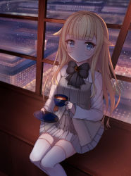 Rule 34 | 1girl, blonde hair, blue eyes, blunt bangs, blush, commentary, cup, english commentary, grey skirt, highres, holding, holding plate, indoors, long hair, long sleeves, plate, princess (princess principal), princess principal, school uniform, sitting, skirt, smile, snowing, tea, teacup, thighhighs, white thighhighs, window, ylpz 23