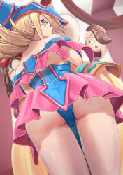 Rule 34 | 1girl, ass, bare shoulders, blonde hair, blush, blush stickers, breasts, character request, chicken (chickenx), choker, dark magician girl, duel monster, from behind, green eyes, hat, highres, large breasts, leaning forward, long hair, pentacle, pink skirt, skirt, solo, solo focus, upskirt, wizard hat, yu-gi-oh!