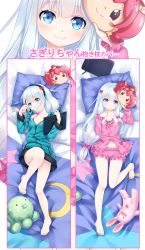 Rule 34 | 1girl, barefoot, billie (meng gong fang), black hairband, blue eyes, blue sweater, blush, bow, breasts, cleavage, collarbone, dakimakura (medium), dress shirt, eromanga sensei, feet, frilled shorts, frills, from above, full body, hair bow, hairband, headband, highres, holding, holding pen, izumi sagiri, long hair, looking at viewer, lying, mask, mask on head, multiple views, naked sweater, navel, on back, open clothes, open shirt, partially unzipped, pen, pink shirt, pink shorts, red bow, shirt, short shorts, shorts, silver hair, small breasts, smile, stomach, sweater, toes, very long hair