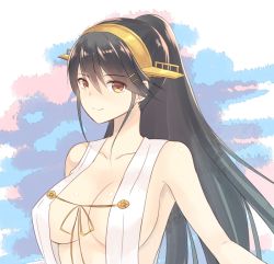 Rule 34 | 10s, 1girl, bad id, bad pixiv id, bare shoulders, black hair, blush, breasts, brown eyes, cleavage, eko, female focus, hair ornament, hairband, hairclip, haruna (kancolle), japanese clothes, kantai collection, large breasts, long hair, looking at viewer, nontraditional miko, ponytail, simple background, smile, solo