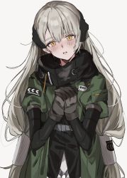 Rule 34 | 1girl, aogisa, bad id, bad twitter id, blush, girls&#039; frontline, gloves, green jacket, hair between eyes, head tilt, headgear, highres, jacket, long hair, looking at viewer, mg4 (girls&#039; frontline), mg4 (mod3) (girls&#039; frontline), mod3 (girls&#039; frontline), open mouth, own hands together, silver hair, simple background, solo, twintails, upper body, white background, yellow eyes