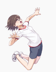 Rule 34 | 10s, 1girl, bike shorts, black shorts, brown eyes, brown hair, chikuwa (majihima), commentary request, from side, full body, girls und panzer, gym shirt, gym uniform, highres, isobe noriko, jumping, looking up, no socks, open mouth, partial commentary, shirt, shoes, short hair, short shorts, short sleeves, shorts, simple background, sneakers, solo, spiking, sweat, t-shirt, white background, white footwear, white shirt
