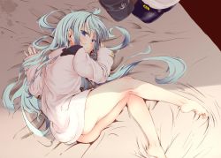 Rule 34 | 1girl, anchor symbol, aqua hair, ass, bare legs, barefoot, bed sheet, blue eyes, bottomless, caesar8149, commentary request, from above, half-closed eyes, hat, unworn hat, unworn headwear, hibiki (kancolle), kantai collection, long hair, long sleeves, looking at viewer, lying, military, military uniform, naval uniform, on bed, on side, peaked cap, solo, uniform, very long hair