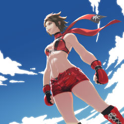 Rule 34 | 1girl, black hair, boots, boxing gloves, cloud, day, fingerless gloves, from below, highres, hinomoto reiko, konami, loped, midriff, mma gloves, red eyes, rumble roses, scarf, short hair, shorts, sky, smile, solo