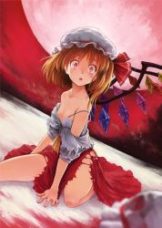 Rule 34 | 1girl, ascot, bare shoulders, blonde hair, blood, bra, breasts, cleavage, clothes down, constricted pupils, embodiment of scarlet devil, female focus, flandre scarlet, full moon, hat, highres, kanini, lingerie, moon, off shoulder, open mouth, pink eyes, red eyes, red skirt, red sky, red theme, shirt, shirt down, side ponytail, sitting, skirt, sky, slit pupils, small breasts, solo, strap slip, tears, torn clothes, torn skirt, touhou, underwear, white bra, wide-eyed, wings