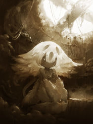 Rule 34 | 1girl, breasts, brown theme, claws, cleavage, dark-skinned female, dark skin, extra arms, faputa, fewer digits, goggles, goggles around breasts, greyscale, highres, indoors, looking at viewer, made in abyss, monochrome, monster girl, round window, sad, sitting, solo, wariza, white hair, window, ying yi