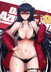 Rule 34 | 1girl, ahoge, azur lane, bare shoulders, bikini, black bikini, black choker, black hair, black thighhighs, blush, breasts, choker, cleavage, collarbone, commentary, cowboy shot, crossed bangs, eyebrows hidden by hair, unworn eyewear, glint, gluteal fold, groin, hair between eyes, hand on own hip, highleg, highleg bikini, highres, holding, holding removed eyewear, jacket, large breasts, long hair, long sleeves, looking at viewer, manjuu (azur lane), midriff, minoshi, multi-strapped bikini bottom, multiple straps, navel, off-shoulder jacket, off shoulder, official alternate costume, one side up, open clothes, open jacket, parted lips, race queen, red eyes, red jacket, sidelocks, skindentation, smile, solo, standing, swimsuit, taihou (azur lane), taihou (enraptured companion) (azur lane), thigh strap, thighhighs, very long hair, white background