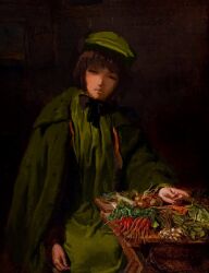 Rule 34 | 1girl, beret, black bow, black souls, bow, brown hair, cape, dress, elma (black souls), fine art parody, food, green cape, green dress, green hat, hat, highres, indoors, jokezm, long sleeves, looking at viewer, onion, parody, parted lips, radish, short hair, sitting, solo, the market girl (henry lejeune), vegetable