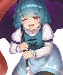 Rule 34 | 1girl, ;p, armband, bad id, bad pixiv id, blue hair, blue skirt, blue vest, brown pantyhose, commentary request, cowboy shot, frilled shirt collar, frills, highres, holding, holding umbrella, juliet sleeves, karakasa obake, leaning forward, leaning to the side, long sleeves, looking at viewer, one eye closed, open mouth, pantyhose, piyodesu, puffy sleeves, red eyes, shirt, short hair, simple background, skirt, solo, tatara kogasa, teeth, tongue, tongue out, touhou, umbrella, upper teeth only, vest, white background, white shirt