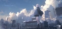 Rule 34 | 1girl, absurdres, aqua eyes, artist name, black coat, black footwear, black shorts, blurry, blurry foreground, boots, closed mouth, cloud, coat, dandelion, day, english text, fence, flower, from below, full body, highres, ladder, lifeline (a384079959), long hair, long sleeves, original, outdoors, profile, radio antenna, scenery, shorts, sky, socks, solo, standing, transmission tower, white hair