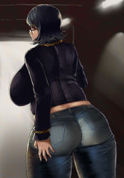 Rule 34 | 1girl, ass, ass grab, black hair, blue eyes, blush, breasts, deep skin, denim, from behind, glasses, huge ass, huge breasts, hunter x hunter, jeans, looking back, open mouth, pants, parted lips, ribbed sweater, seinto (metameter), shizuku murasaki, short hair, solo, sweater, turtleneck, turtleneck sweater