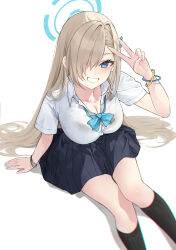 Rule 34 | 1girl, asuna (blue archive), blue archive, blue eyes, bow, bowtie, light brown hair, lisu, long sleeves, looking at viewer, shirt, solo, white shirt