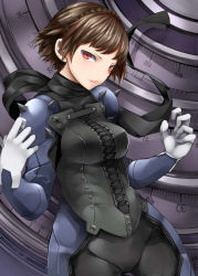 Rule 34 | 10s, 1girl, biker clothes, black neckwear, black scarf, bodysuit, braid, brown hair, corset, crown braid, gloves, hands up, highres, lips, long sleeves, looking at viewer, nemu (nebusokugimi), niijima makoto, no mask, parted lips, persona, persona 5, red eyes, scarf, short hair, shoulder spikes, sideways glance, smile, solo, spikes, tsurime, upper body