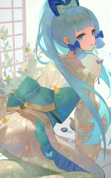 Rule 34 | 1girl, absurdres, ai dongdong, alternate costume, ayaka (genshin impact), back bow, blue bow, blue hair, blunt bangs, blunt tresses, bow, bug, butterfly, closed mouth, commentary request, cup, feet out of frame, flower, from behind, genshin impact, hair bow, hand fan, hand on ground, highres, holding, holding fan, insect, japanese clothes, kimono, kneeling, light blue hair, long hair, long sleeves, looking back, paper fan, ponytail, solo, uchiwa, very long hair, white kimono
