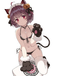 Rule 34 | 1girl, ahoge, animal ears, animal hands, bare arms, bare shoulders, bell, bikini, black bikini, black choker, black ribbon, blush, breasts, brown hair, cat ears, cat girl, cat paws, cat tail, choker, closed mouth, collarbone, commentary request, front-tie bikini top, front-tie top, gin00, gloves, gluteal fold, hair bell, hair ornament, hair ribbon, halterneck, hand up, headdress, highres, ichihime (mahjong soul), jingle bell, looking at viewer, mahjong, mahjong soul, mahjong tile, maid headdress, navel, paw gloves, paw shoes, pillow, red eyes, ribbon, shoes, short hair, side-tie bikini bottom, simple background, skindentation, small breasts, solo, stomach, swimsuit, tail, thighhighs, v-shaped eyebrows, white background, white thighhighs