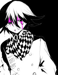 Rule 34 | 1boy, 345 myk, absurdres, black background, blood, blood on face, buttons, checkered clothes, checkered scarf, danganronpa (series), danganronpa v3: killing harmony, double-breasted, hair between eyes, highres, jacket, long sleeves, male focus, medium hair, oma kokichi, pink blood, scarf, solo, teeth, white background