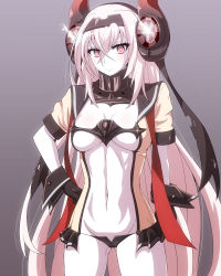 Rule 34 | &gt;:(, 10s, 1girl, abyssal ship, air defense princess, black gloves, black ribbon, blush, breasts, cleavage, closed mouth, colored skin, cowboy shot, dress, frown, gloves, gluteal fold, grey background, hair ribbon, hairband, hand on own hip, headgear, highres, kantai collection, large breasts, long hair, looking at viewer, mamiyama, midriff, navel, open clothes, open dress, pale skin, red eyes, ribbon, sailor collar, short dress, short sleeves, solo, stomach, v-shaped eyebrows, white hair, white skin