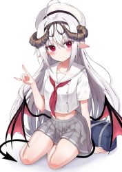 Rule 34 | 1girl, ahoge, beret, black hairband, black ribbon, blush, breasts, closed mouth, crop top, curled horns, demon girl, demon horns, demon tail, demon wings, fox shadow puppet, full body, grey skirt, hair between eyes, hairband, hand up, hat, highres, horns, long hair, looking at viewer, low wings, midriff, original, pleated skirt, pointy ears, red eyes, red neckwear, red wings, ribbon, sailor collar, sazamiso rx, school uniform, serafuku, shirt, short sleeves, sitting, skirt, small breasts, smile, solo, tail, very long hair, white background, white hair, white headwear, white sailor collar, white shirt, wings, yokozuwari