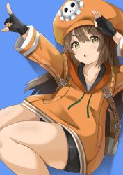 Rule 34 | 1girl, :o, absurdres, backpack, bag, black gloves, black shorts, blue background, brown hair, cabbie hat, fingerless gloves, gloves, guilty gear, guilty gear strive, hat, highres, jacket, long hair, looking at viewer, may (guilty gear), open mouth, orange hat, orange jacket, orutooon00, pointing, pointing up, salute, shorts, skull and crossbones, solo, thighs, yellow eyes