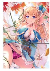 Rule 34 | 1girl, absurdres, armlet, armor, armpits, arms up, autumn leaves, azumi akitake, blonde hair, blue dress, blue eyes, blurry, blurry foreground, breasts, cape, choker, cleavage, closed mouth, clothes lift, contrapposto, cowboy shot, depth of field, dress, earrings, elf, faulds, glint, gluteal fold, hair ornament, highres, huge filesize, jewelry, large breasts, leaf, long hair, maple leaf, melonbooks, original, panties, pink panties, pointy ears, restrained, scan, skirt, skirt lift, solo, sweat, tentacles, underwear, wind, wind lift