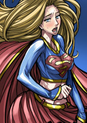Rule 34 | 1girl, blonde hair, blue eyes, blush, cape, dc comics, covered erect nipples, female focus, kryptonian, long hair, midriff, miniskirt, open mouth, red cape, red skirt, skirt, solo, supergirl, superman (series), sweat, warainaku