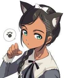 Rule 34 | 1girl, :o, animal ears, aonuma neiru, black hair, black ribbon, bow, braid, braided ponytail, cat day, cat ears, commentary request, dark-skinned female, dark skin, dress, green eyes, grey dress, hair bow, hair ornament, hair over shoulder, hairband, hairclip, long hair, long sleeves, looking at viewer, neck ribbon, niina ryou, open mouth, paw pose, ponytail, portrait, ribbon, simple background, single braid, solo, speech bubble, spoken paw, upper body, white background, white bow, white hairband, wonder egg priority