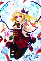 Rule 34 | 1girl, argyle, argyle background, argyle clothes, arm up, bad id, bad pixiv id, bag, bell, blonde hair, bow, brown pantyhose, daimaou ruaeru, dress, earrings, flandre scarlet, gloves, hat, hat bow, highres, jewelry, jumping, long hair, long sleeves, looking at viewer, merry christmas, mob cap, open mouth, pantyhose, red dress, red gloves, round teeth, shirt, side ponytail, smile, solo, teeth, touhou, wings