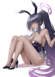 Rule 34 | 1girl, absurdly long hair, absurdres, animal ears, armpits, black hair, black leotard, blue archive, bow, bowtie, breasts, cleavage, dark-skinned female, dark skin, detached collar, fake animal ears, fishnet pantyhose, fishnets, gloves, halo, highres, kaijiba, karin (blue archive), karin (bunny) (blue archive), knees up, large breasts, leotard, long hair, looking at viewer, official alternate costume, pantyhose, playboy bunny, rabbit ears, sitting, smile, solo, very long hair, white background, white gloves, yellow eyes