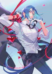 Rule 34 | 1boy, arms up, black necktie, black pants, blue hair, collared shirt, cowboy shot, gloves, heart, highres, long hair, long sleeves, necktie, pants, parted lips, red ribbon, ribbon, shirt, solo, suncle, luo xiaohei zhanji, very long hair, white gloves, white shirt, wuxian (the legend of luoxiaohei)