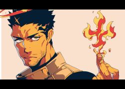 Rule 34 | 1boy, absurdres, bara, beard, black bodysuit, black hair, bodysuit, collared shirt, commentary request, facial hair, fire, flaming halo, halo, hand up, highres, letterboxed, male focus, mature male, muscular, muscular male, ogata tomio, orange background, shirt, short hair, sideburns, simple background, solo, spiked hair, stubble, tokyo houkago summoners, upper body, v-shaped eyebrows, yellow eyes, zabaniyya (housamo)