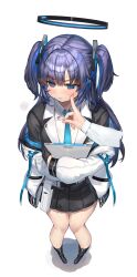 Rule 34 | 1girl, absurdres, blue archive, blue eyes, blue hair, blue necktie, cheek poking, halo, highres, jacket, long hair, necktie, poking, ranf, simple background, solo focus, standing, two side up, white background, yuuka (blue archive)