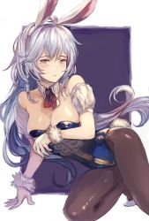 Rule 34 | 10s, 1girl, alternate costume, animal ears, arm support, bare shoulders, black pantyhose, blue leotard, blush, braid, breast hold, breasts, collarbone, detached collar, detached sleeves, fake animal ears, gloves, granblue fantasy, kneeling, large breasts, leotard, long hair, looking at viewer, pantyhose, parted lips, playboy bunny, rabbit ears, rabbit tail, sabanobori, silva (granblue fantasy), silver hair, solo, tail, twin braids, very long hair, wavy hair, white gloves, yellow eyes