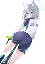 Rule 34 | 1girl, :o, absurdres, animal ears, ass, bicycle, bike shorts, blue archive, cross hair ornament, dutch angle, extra ears, from behind, grey hair, hair ornament, halo, highres, looking at viewer, looking back, mj (xmj0309), riding, riding bicycle, riding outfit, shiroko (blue archive), shiroko (cycling) (blue archive), simple background, solo, white background, wolf ears