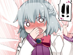 Rule 34 | !, !!, 1girl, blush, bow, braid, brooch, commentary request, covered erect nipples, covering own mouth, french braid, hammer (sunset beach), jewelry, kishin sagume, looking at viewer, short hair, silver hair, solo, touhou, upper body