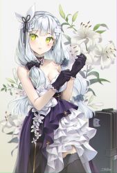 Rule 34 | 1girl, artist name, asymmetrical clothes, bare shoulders, black gloves, black ribbon, black scrunchie, black thighhighs, blue hair, breasts, briefcase, choker, cleavage, collarbone, cowboy shot, dress, facial mark, floral background, frilled thighhighs, frills, girls&#039; frontline, glance, glove pull, gloves, gradient background, hair ornament, hair ribbon, hair scrunchie, highres, hk416 (girls&#039; frontline), hk416 (starry cocoon) (girls&#039; frontline), ika (4801055), jewelry, light blue hair, long hair, looking to the side, official alternate costume, parted lips, pendant, ribbon, scrunchie, solo, strapless, strapless dress, thighhighs, two-tone dress, yellow eyes