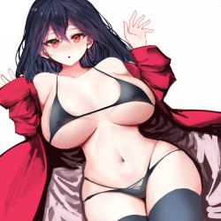 Rule 34 | 1girl, azur lane, bare shoulders, bbolalus, bikini, black bikini, black choker, black hair, black thighhighs, blush, breasts, breasts apart, choker, cleavage, eyewear on head, hair between eyes, highres, jacket, large breasts, long hair, looking at viewer, lying, navel, off shoulder, official alternate costume, on back, race queen, red eyes, red jacket, simple background, solo, swimsuit, taihou (azur lane), taihou (enraptured companion) (azur lane), thighhighs, white background
