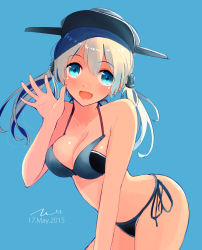 Rule 34 | 10s, 1girl, bad id, bad pixiv id, bikini, blonde hair, blue eyes, blush, breasts, cleavage, dated, hair ornament, hat, highres, kantai collection, long hair, looking at viewer, open mouth, peaked cap, prinz eugen (kancolle), signature, simple background, smile, solo, swimsuit, tebi (tbd11), twintails