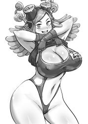 Rule 34 | 1girl, blush, boku no hero academia, breasts, cameltoe, chiroru (pixiv42406369), cleavage, cleft of venus, clothes lift, curvy, gloves, goggles, goggles on head, greyscale, hatsume mei, large breasts, long hair, looking at viewer, monochrome, navel, shirt lift, smile, solo, stomach, swimsuit, swimsuit under clothes, tank top, thick thighs, thighs, white background, wide hips