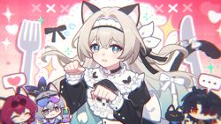 Rule 34 | ..., 1girl, :3, abstract background, animal ear fluff, animal ears, apron, black bow, black cat, black choker, black dress, black hair, black jacket, blade (honkai: star rail), blue-tinted eyewear, blue eyes, bow, cat, cat ears, cat tail, chinese commentary, choker, chromatic aberration, closed eyes, closed mouth, commentary request, dress, embarrassed, fake animal ears, firefly (honkai: star rail), fork, fur-trimmed jacket, fur trim, glasses, goggles, goggles on head, gradient-tinted eyewear, gradient hair, green hair, green pupils, grey eyes, grey hair, hair between eyes, hair bow, hair intakes, hair over one eye, heart, highres, holding, holding phone, honkai: star rail, honkai (series), jacket, kafka (honkai: star rail), knife, long hair, looking at another, maid, maid headdress, multicolored eyes, multicolored hair, open mouth, orange eyes, phone, pince-nez, purple-tinted eyewear, purple bow, purple hair, red background, silver wolf (honkai: star rail), smile, spoken ellipsis, spoken heart, tail, tail bow, tail ornament, tinted eyewear, upper body, white apron, xiaohutu