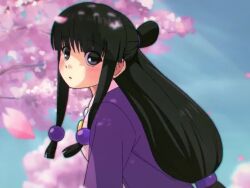 Rule 34 | 1girl, ace attorney, animated, arms behind back, azoura, blunt bangs, blunt ends, blush, breasts, cherry blossoms, falling petals, half updo, hanten (clothes), jacket, japanese clothes, jewelry, kimono, leaning forward, long hair, looking at viewer, low-tied long hair, magatama, magatama necklace, maya fey, necklace, obi, outdoors, petals, pink kimono, purple jacket, sash, small breasts, smile, solo, very long hair, video