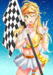 Rule 34 | ahoge, alternate costume, bare shoulders, belt, blonde hair, breasts, checkered flag, cleavage, collarbone, cowboy shot, fingerless gloves, flag, flagpole, gloves, green eyes, highres, holding, holding flag, hoshii miki, idolmaster, idolmaster million live!, jewelry, large breasts, long hair, messy hair, midriff, miniskirt, mizuno kakeru, navel, necklace, one eye closed, open mouth, race queen, simple background, skirt, smile, thigh strap, v, visor cap, white gloves