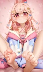 Rule 34 | 1girl, absurdres, animal ears, bare legs, bare shoulders, barefoot, between legs, bow, braid, commentary, drawstring, ear bow, feet, foot focus, hair between eyes, hair bow, hair ornament, hairclip, hand between legs, heart, heart hair ornament, highres, kairunoburogu, long hair, looking at viewer, off shoulder, phase connect, pink hair, pipkin pippa, pipkin pippa (1st costume), rabbit ears, red eyes, revision, smile, soles, solo, toe scrunch, toes, twin braids, virtual youtuber