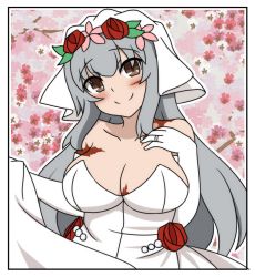 Rule 34 | 1girl, bokota (bokobokota), breasts, bridal veil, cleavage, dress, elbow gloves, floral background, gangut (kancolle), gloves, grey hair, jewelry, kantai collection, large breasts, ring, scar, scar on arm, scar on breasts, scar on face, skirt hold, smile, solo, strapless, strapless dress, upper body, veil, wedding dress, wedding ring, white dress