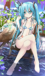 Rule 34 | 1girl, adjusting hair, aqua eyes, aqua hair, barefoot, beek, bikini, blue eyes, blue hair, breasts, bug, butterfly, chair, crossed legs, drink, feet, flower, hatsune miku, highres, insect, legs, lily of the valley, long hair, matching hair/eyes, navel, petals, see-through, side-tie bikini bottom, sitting, small breasts, smile, soaking feet, solo, striped bikini, striped clothes, swimsuit, toes, twintails, very long hair, vest, vocaloid, water, wet, wet clothes, wisteria