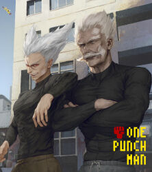 Rule 34 | 2boys, absurdres, bandaid, bandaid on cheek, bandaid on face, bang (one-punch man), black shirt, commentary request, crossed arms, english text, facial hair, garou (one-punch man), grey eyes, grey hair, highres, long sleeves, male focus, multiple boys, mustache, one-punch man, open mouth, outdoors, pointy hair, red eyes, scar, scar on face, shirt, shita to hidari, short hair, smile, spiked hair, teeth