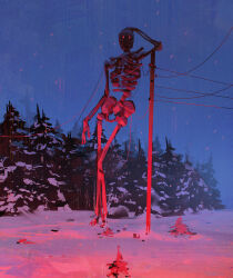 Rule 34 | absurdres, arm support, commentary, english commentary, full body, giant, giant skeleton, glowing, glowing eyes, highres, jocelin carmes, leaning, no humans, original, outdoors, pine tree, red eyes, skeleton, sky, snow, snow on tree, snowing, solid eyes, solo, standing, tangled, tree, utility pole